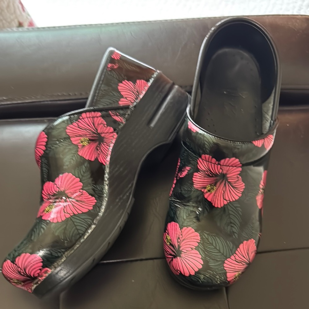 Dansko Black Clogs with Pink Floral Pattern